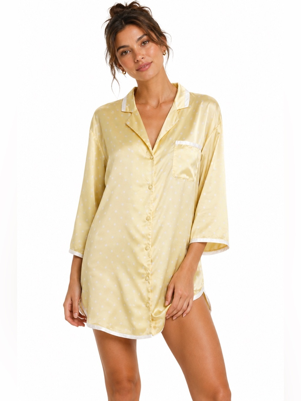Vintage 90s Victoria’s Secret Yellow Satin Polka Dot Sleep Shirt Small Coquette